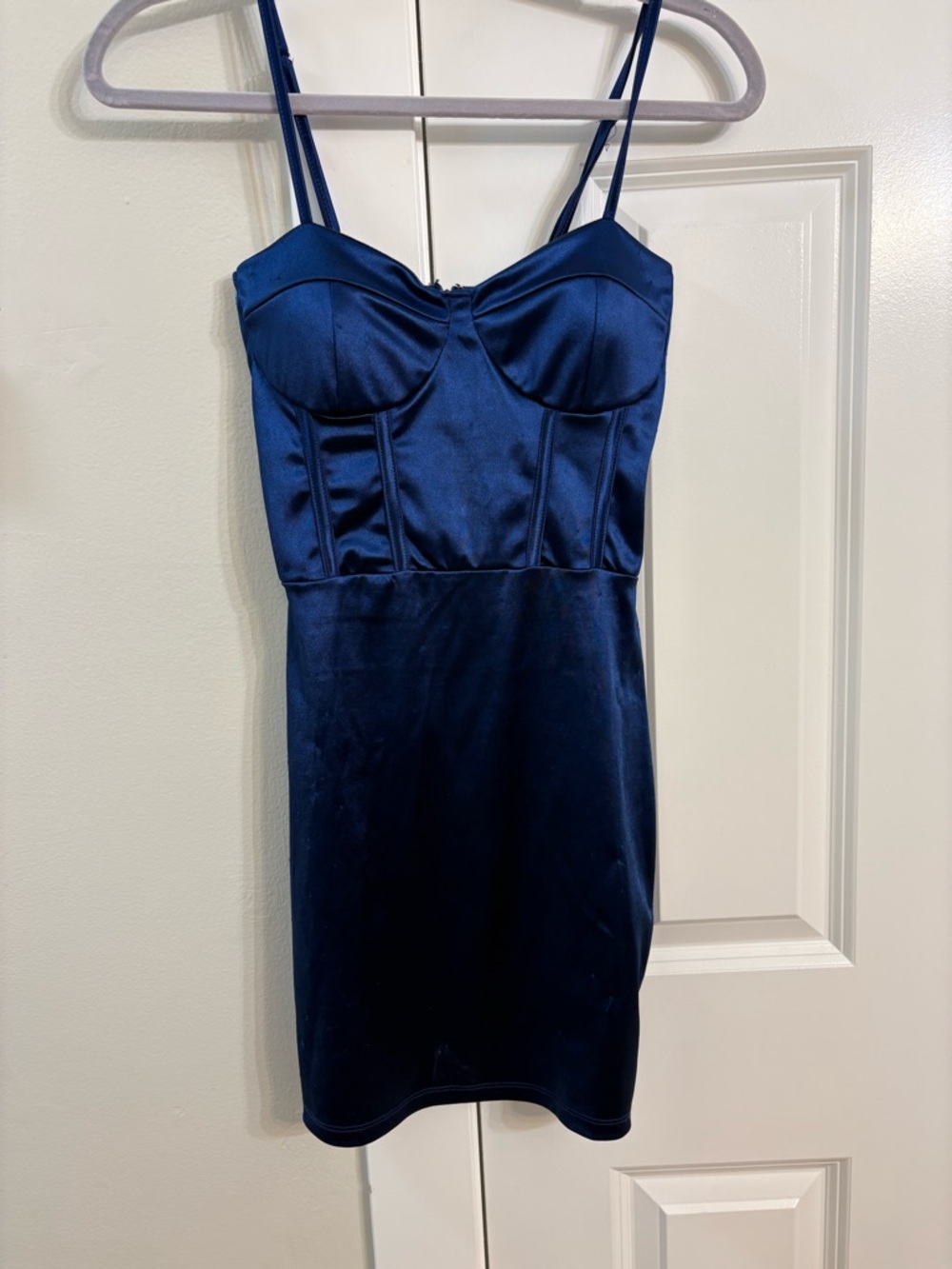 Navy Satin Bustier Mini Dress with Thin Straps